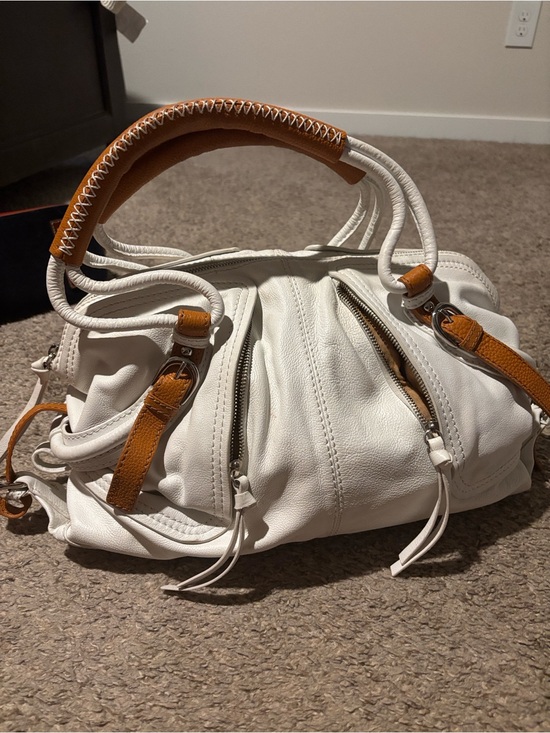 Sondra Roberts Handbags - Sondra Roberts White with Tan trim Leather Satchel Handbag.